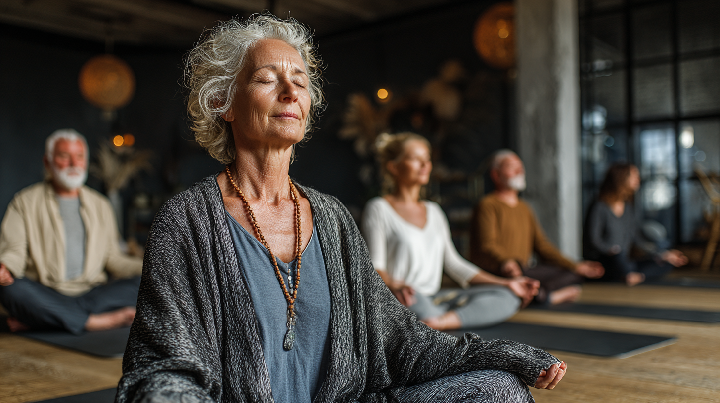 Зрілі люди насолоджуються заняттями йогою в парку